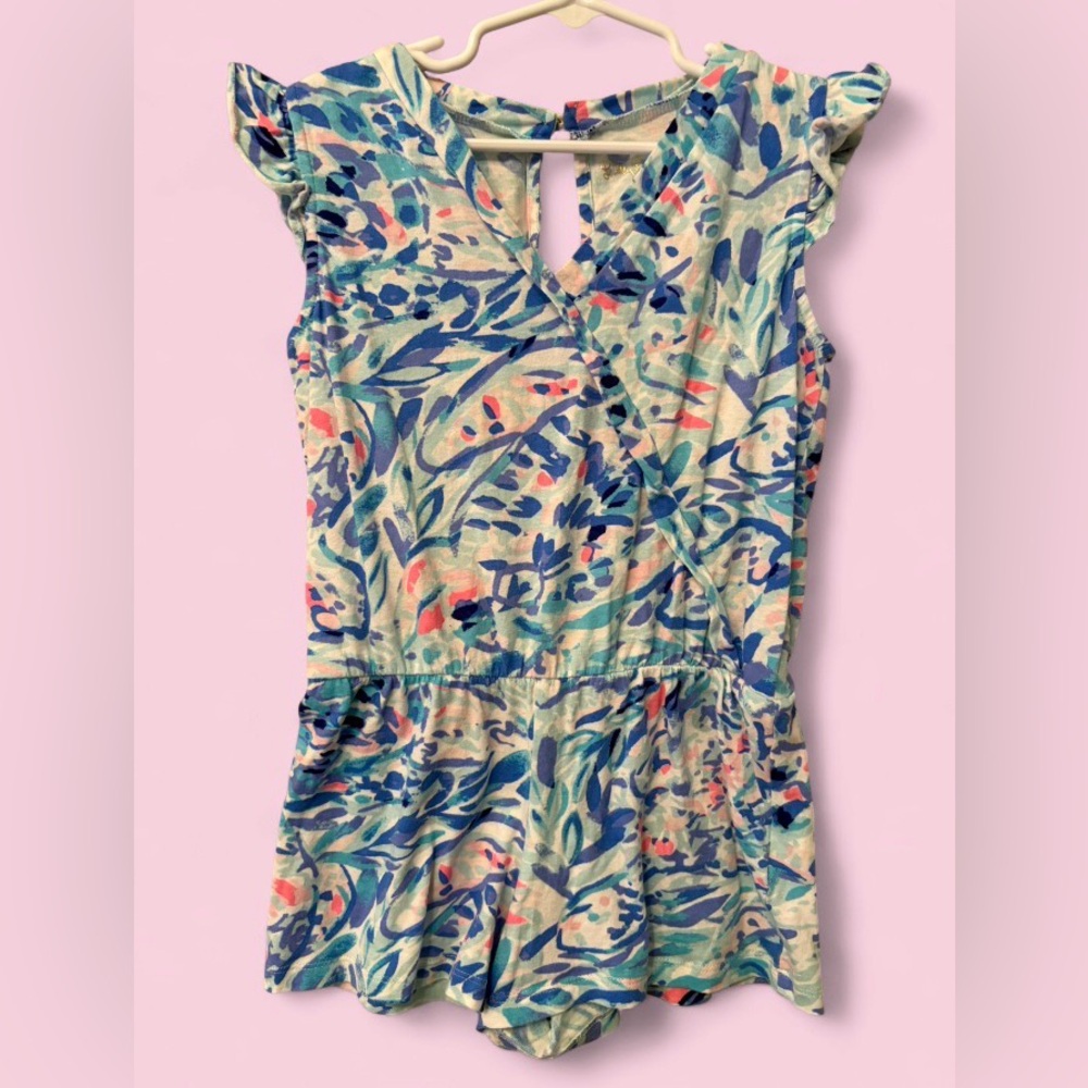 Lilly Pulitzer Romee Romper in Breakwater Tint Blue/Pink | Girls Sz M (6-7)